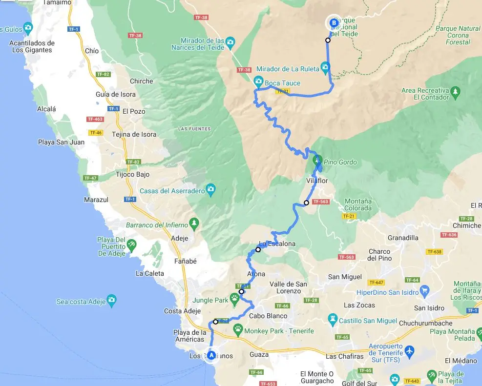 Mapa de la subida al Teide desde Los Cristianos