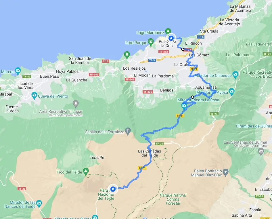 Mapa de la subida al Teide desde Puerto de la Cruz