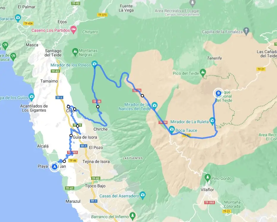 Mapa de la subida al Teide desde la Playa de San Juan